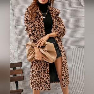 NEW Luxe Fluffy Animal Print Coat Jacket Midi Leopard Brown Black